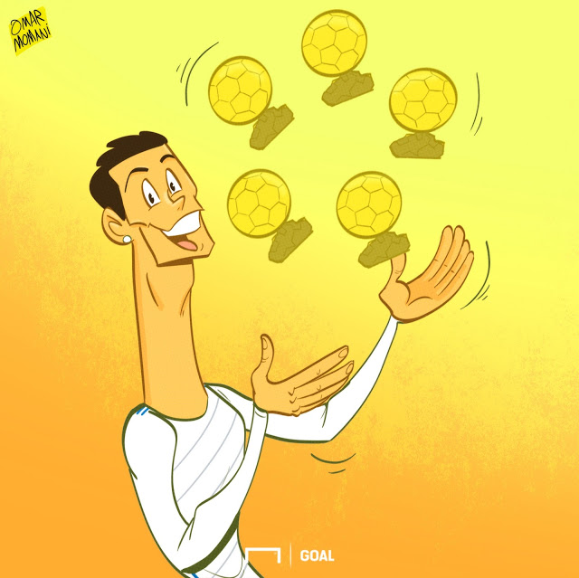 Футбольная карикатура на все пять Золотых мячей Криштиану Роналду